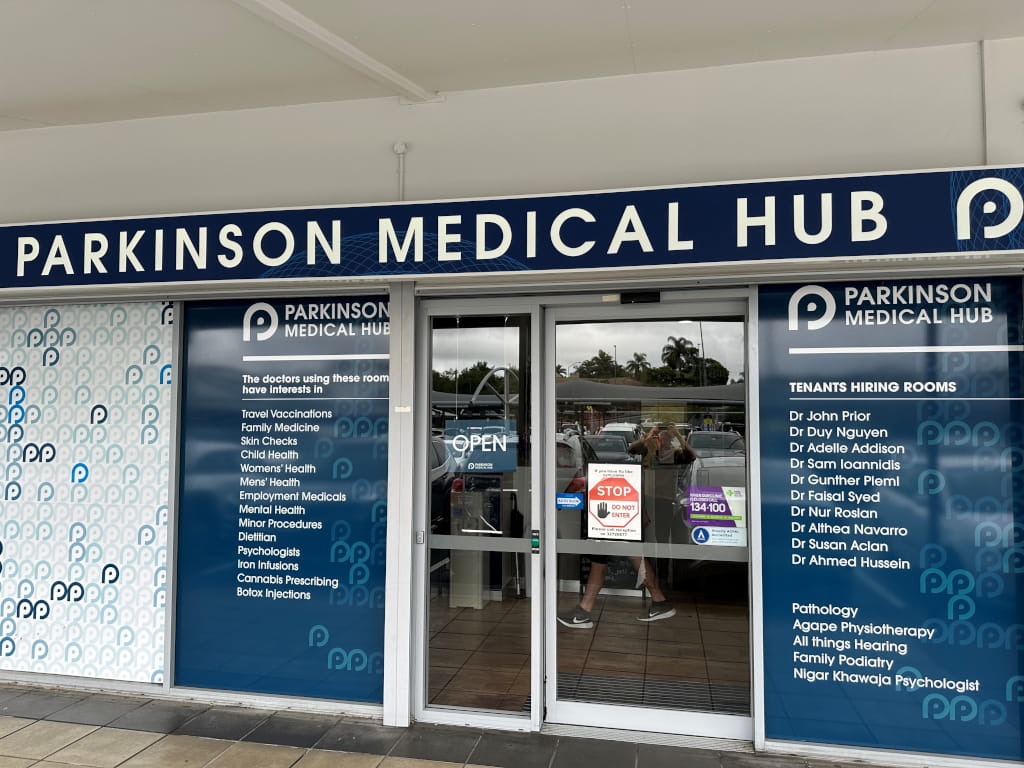 Exterior of the Parkinson Medical Hub building in Parkinson Plaza, showing the Parkinson Medical Hub signage